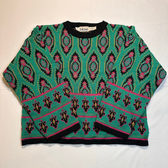 Michel Sweaters - Michel | Vintage 1990s Cropped Metallic Geometric Knit Sweater | Jewel Tone | M
